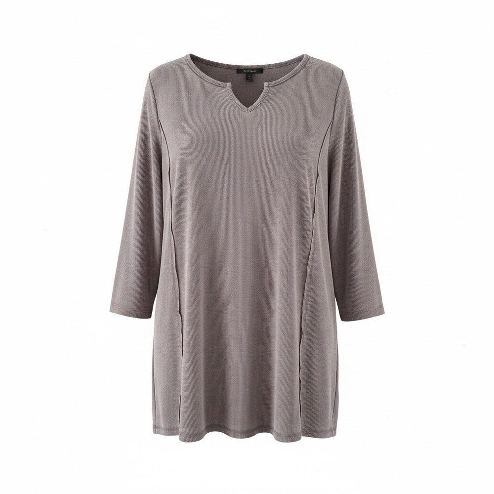 AnyBody 1X Ribbed Swing Tunic Top Taupe/Gray/Mushroom 3/4 Sleeve Notch Neck EUC